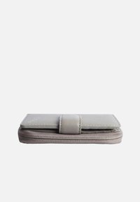 Gray leather wallet with a smooth texture, zipper closure, and a snap button. Compact design with visible stitching along the edges.