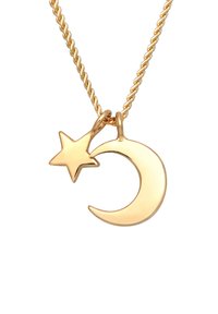 Guld vedhæng kæde med en halvmåne og stjerne charm, med et snoet kædedesign og en glat, reflekterende overflade.