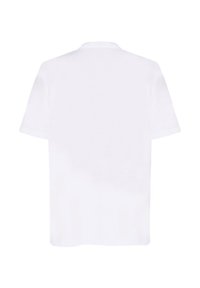 Biała bawełniana koszulka, krótki rękaw, okrągły dekolt, proste cięcie. Miękka tekstura bez widocznych wzorów lub akcentów na plecach.