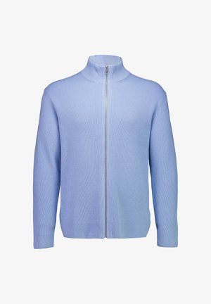 Maglione azzurro chiaro a coste con zip, collo alto e maniche lunghe, mostrato su sfondo bianco semplice.