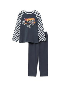 Tmavě modrý pyžamový set obsahující tričko s dlouhými rukávy a kostkovanými rukávy s grafikou auta "Hot Wheels", doplněný o odpovídající jednobarevné kalhoty.
