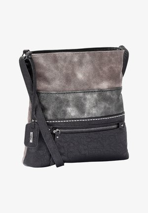 Grau und schwarzes Leder-Umhängetasche mit strukturiertem Finish, ausgestattet mit einer Reißverschlusstasche auf der Vorderseite und einem verstellbaren Tragegurt.