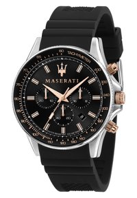 Orologio cronografo Maserati con quadrante nero, dettagli in oro rosa, cassa in acciaio inossidabile argentato e cinturino in gomma nera. Resistente all'acqua fino a 100 metri.