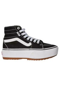 Zapatillas altas de lona negra con acentos blancos, suela gruesa blanca, puntera redondeada y costuras en contraste. Presentan un collar acolchado y cordones.