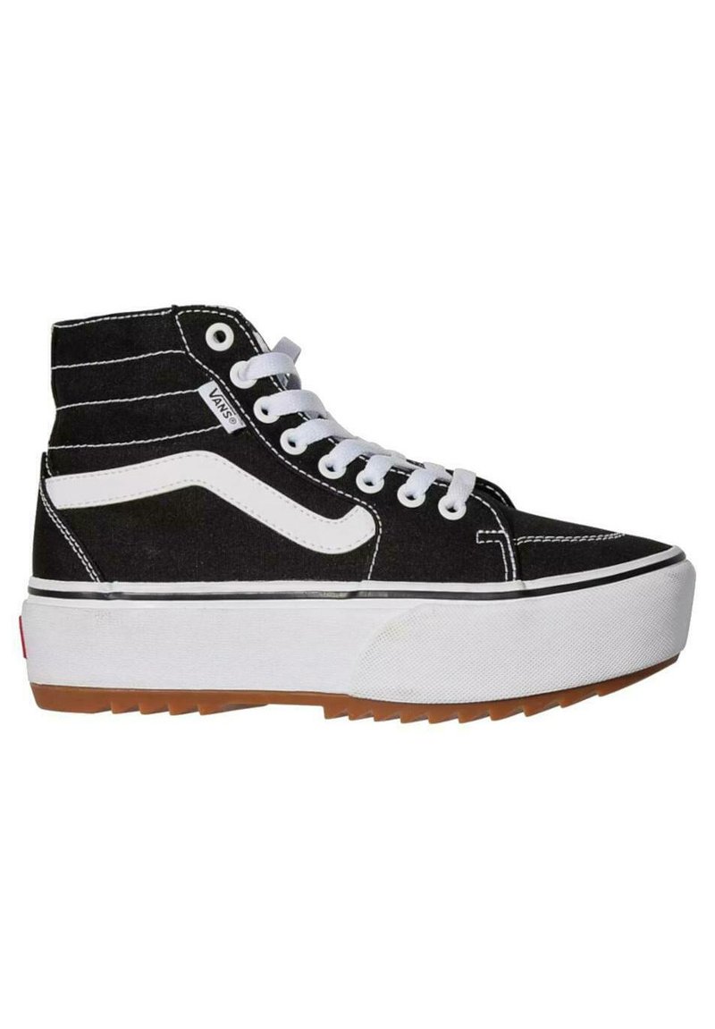 Zapatillas altas de lona negra con acentos blancos, suela gruesa blanca, puntera redondeada y costuras en contraste. Presentan un collar acolchado y cordones.