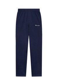 Donkerblauwe joggingbroek met elastische tailleband, voorzien van zijzakken en een wit Champion-logo op de linkerdij. Glad stofoppervlak.