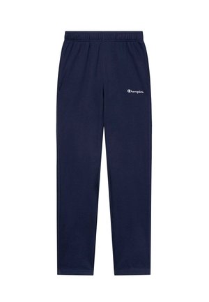 Pantaloni sportivi blu navy con cintura elastica, dotati di tasche laterali e logo Champion bianco sulla coscia sinistra. Tessuto morbido al tatto.