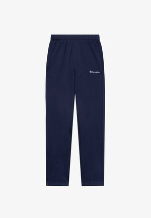Pantaloni sportivi blu navy con cintura elastica, dotati di tasche laterali e logo Champion bianco sulla coscia sinistra. Tessuto morbido al tatto.