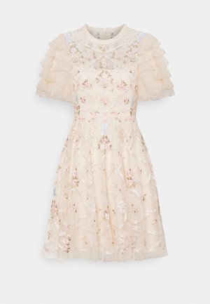 Cream A-line dress with tiered ruffle sleeves, sheer yoke, and intricate pink and white floral embroidery throughout.