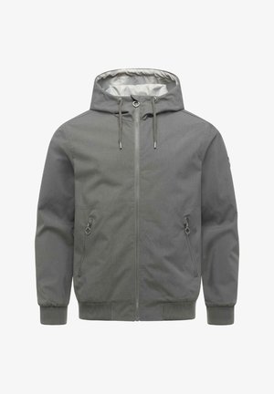 Gray hooded jacket with front zipper, drawstring hood, two zippered side pockets, and ribbed cuffs and hem.