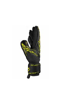 Guanto da portiere nero e giallo con cinturino da polso, presa testurizzata e design decorato complesso, mostrato con il palmo rivolto verso l'alto.