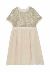 Vestido de manga corta con parte superior adornada con lentejuelas en beige, falda ligera rosa claro con pliegues y escote redondo.
