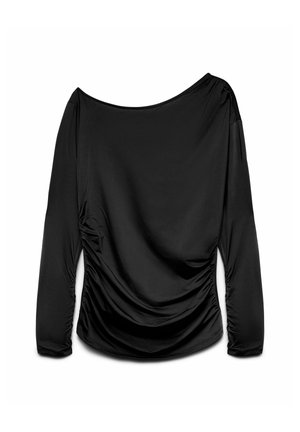 Sort langærmet top i glat stof, med en bred halsudskæring og samlet detalje i siden, i en afslappet pasform og buet kant.