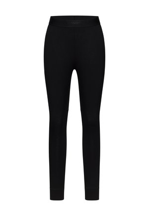 Schwarze Leggings mit einer engen Passform, aus dehnbarem Stoff gefertigt. Besitzt einen breiten Bund und eine glatte Textur, geeignet für aktive Kleidung.