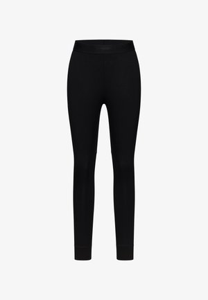 Black leggings with a snug fit, made from stretchy fabric. Features a wide waistband and smooth texture, suitable for active wear.