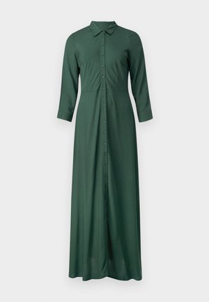 Hosszú, sötétzöld gombos ruha sima anyagból, gallérral és háromnegyedes ujjakkal, egyenes sziluettel.