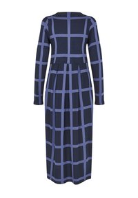 Sukienka z długim rękawem wykonana z miękkiego materiału, z wzorem w kratę w ciemnym i jasnym niebieskim kolorze, z plisowaną spódnicą od talii.