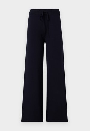 Pantaloni a gamba larga blu navy con vita regolabile a cordoncino e fondo con orlo, mostrati su sfondo bianco.