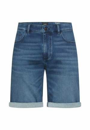 Blauwe denim korte broek met opgerolde zomen, voorknop, rits en lussen voor een riem, met een licht verweerde textuur.