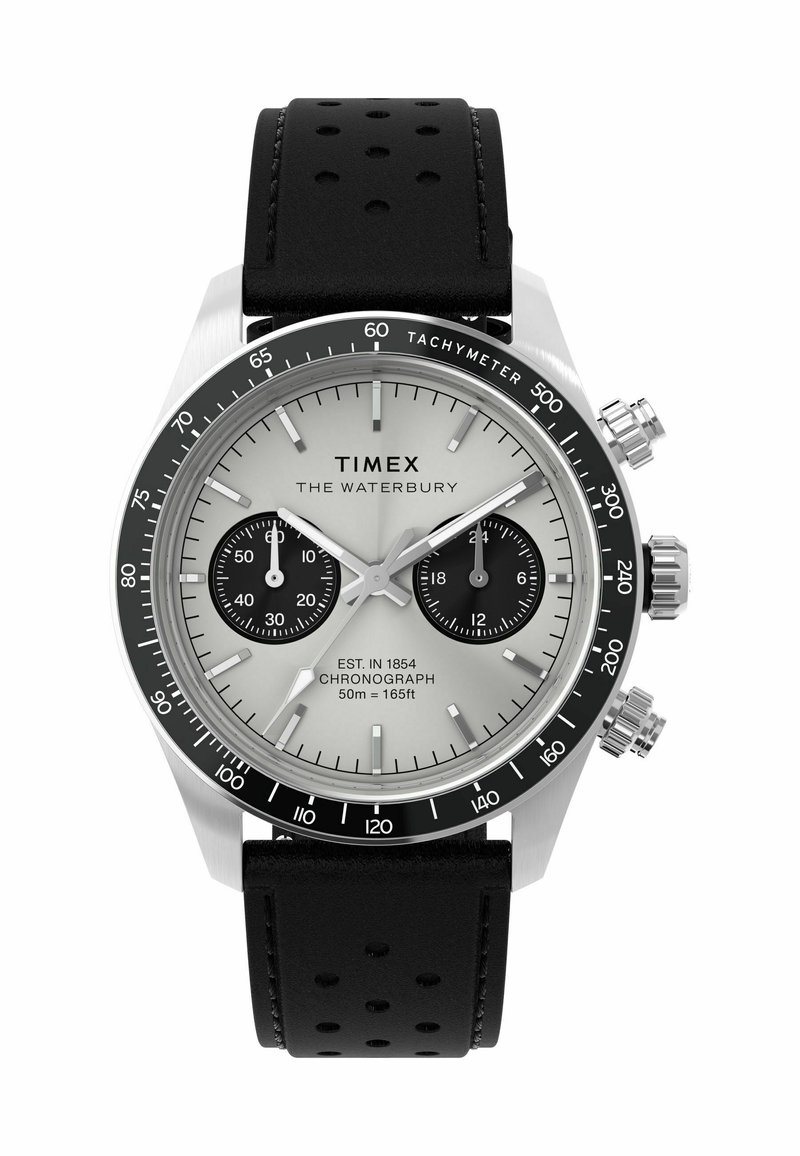 Silver chronograph watch with a black tachymeter bezel, two black sub-dials, and a black perforated leather strap. Text includes "TIMEX THE WATERBURY."