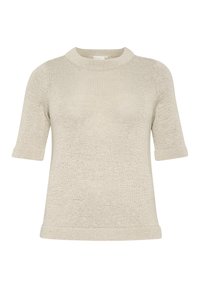 Pull en maille beige clair à manches courtes avec un col arrondi. Tissu en maille texturé sans motifs visibles. Design et finition simples et épurés.