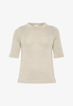 Šviesiai smėlinis trumpomis rankovėmis megztinis su apvaliu iškirpimu. Tekstūruotas megztas audinys be matomų raštų. Paprastas, švarus dizainas ir apdaila.