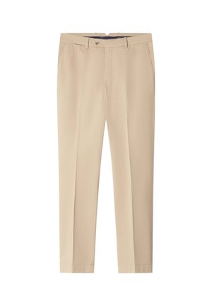 Pantalon beige sur mesure avec passants de ceinture, fermeture à bouton et glissière à l'avant, et poches latérales, posé à plat sur un fond blanc.