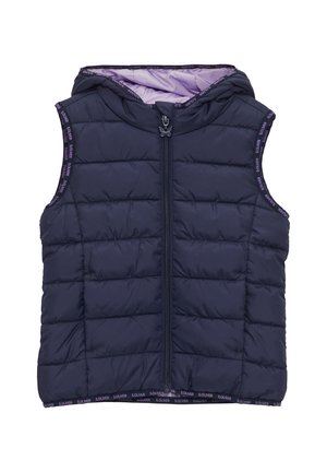 Granatowa pikowana bezrękawnikowa kamizelka z kapturem, zapinana na przedni zamek, z fioletowymi lamówkami i nadrukiem "S.OLIVER".