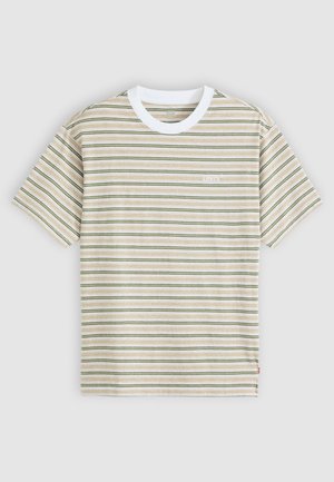 Striped t-shirt in beige, green, and white, with short sleeves and a white crew neckline. Includes a small Levi's logo on the front.