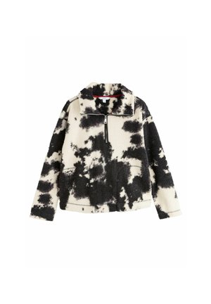 Fleece half-zip jack, zwart-wit koeienprint, casual pasvorm, hoge kraag, voorzak, gestructureerd oppervlak, contrasterende grijze steken.