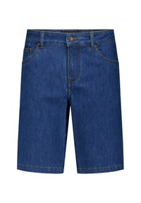 Donkere blauwe denim shorts met een klassiek vijfzakendesign, een sluiting met een knoop aan de voorkant en contrasterende gele stiksels.