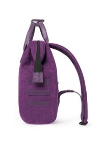 Purple fabric backpack with a textured design, featuring a top zipper, adjustable straps, and three horizontal webbing loops on the front.