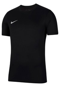Camiseta negra Nike Dri-FIT, de manga corta, con cuello redondo, textura suave, presenta un logo de swoosh blanco en el área del pecho izquierdo.