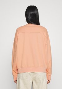 Felpa oversized color pesca con polsini e fondo a coste, caratterizzata da un design semplice con un dettaglio di cucitura sul retro. Indossata con pantaloni di colore chiaro.