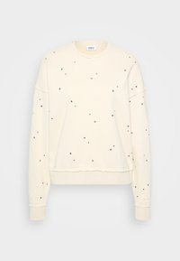 Sweat-shirt crème à manches longues avec petits clous argentés dispersés, poignets et ourlet côtelés, et encolure ronde.