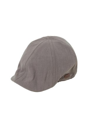 Gray flat cap with stitched panels and a small brown tag on the side, made of soft fabric.