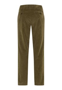Pantalon en velours côtelé vert olive avec une coupe droite, comprenant deux poches arrière avec boutons et une texture particulière.