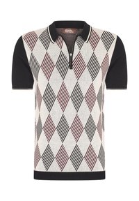 Haalihihna lyhyet hihoiset polo paita vaaleanharmaana, jossa on musta ja burgundivärinen argyle-kuvio, musta kaulus ja puolivetoketjupääntie.