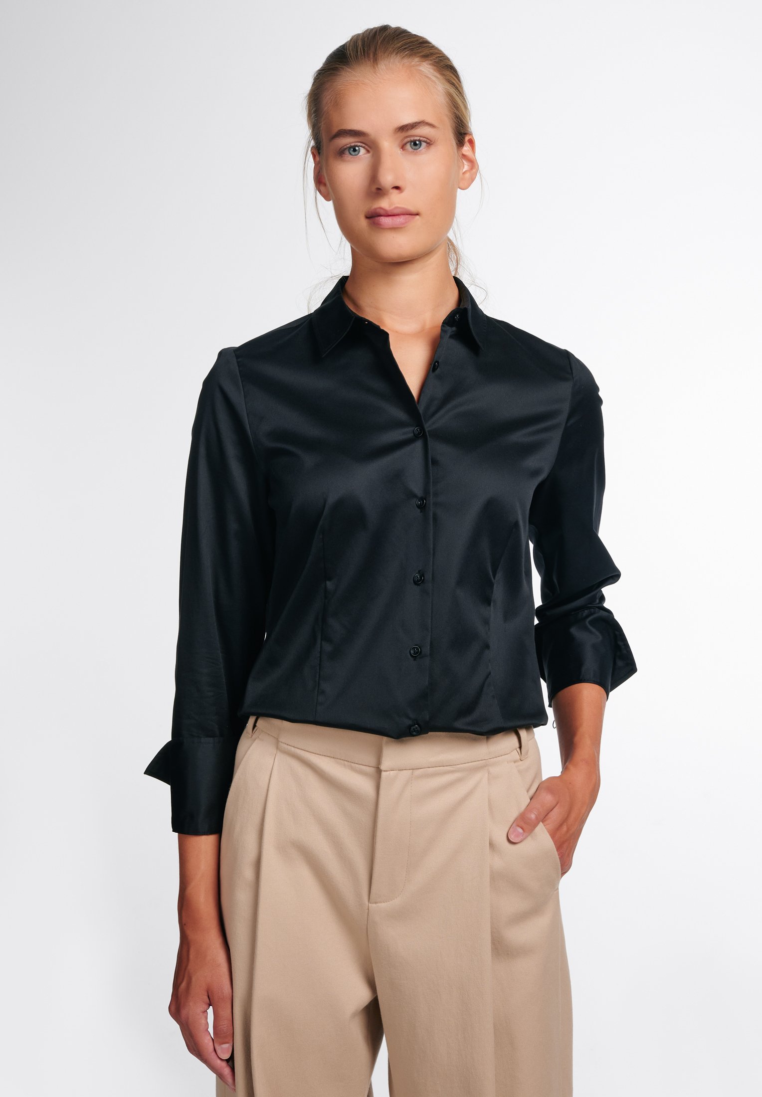 ETERNA Camiciotto Donna Regular Fit – Maniche 3/4, Colletto Aperto, Puro Cotone Jacquard – Facile Da Stirare – Bianco