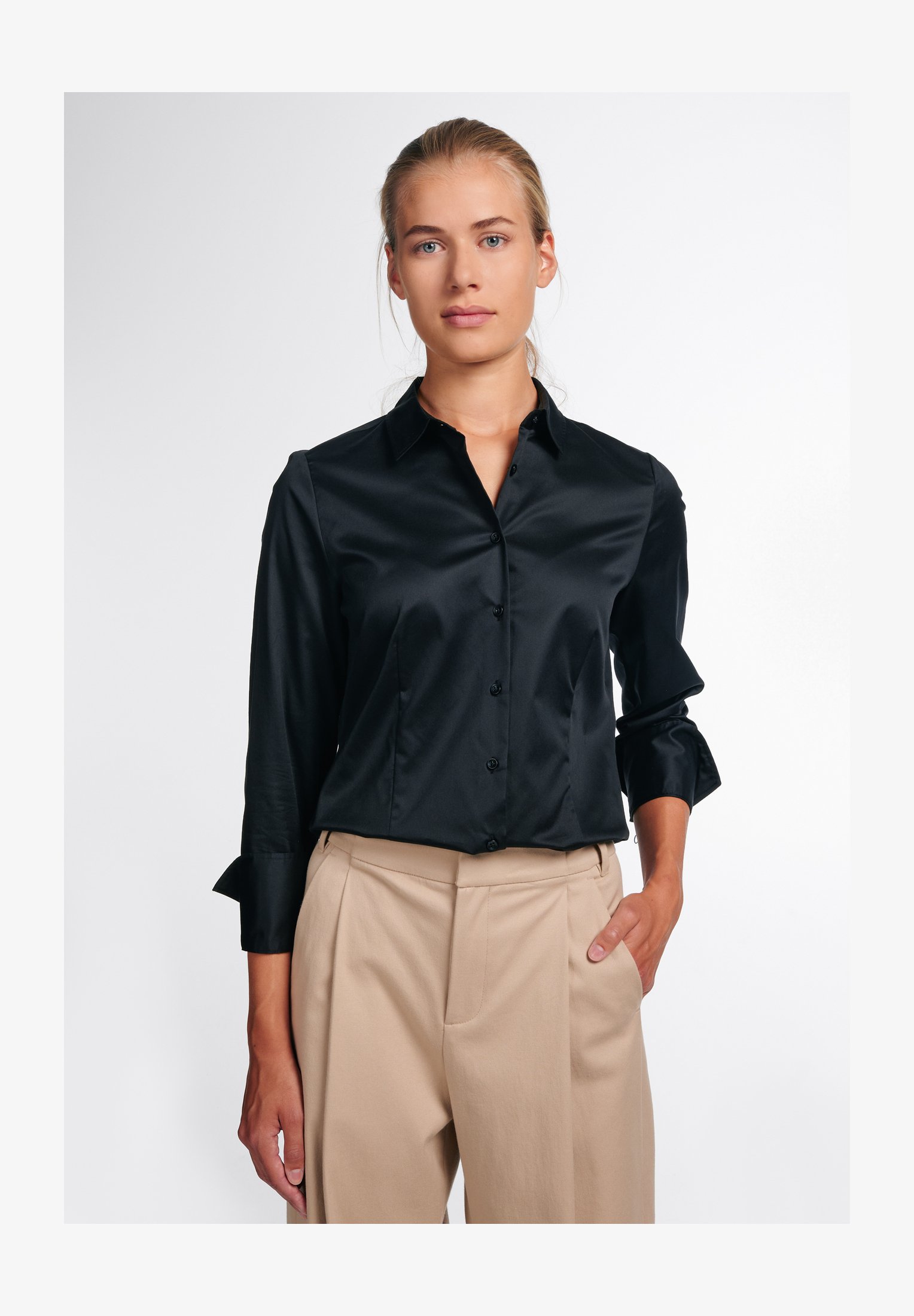 ETERNA Camiciotto Donna Regular Fit – Maniche 3/4, Colletto Aperto, Puro Cotone Jacquard – Facile Da Stirare – Bianco