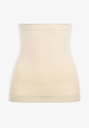 Débardeur beige sans couture avec une texture côtelée, présentant une encolure ronde et sans coutures visibles, conçu pour une silhouette ajustée.
