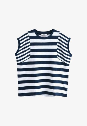 Striped T-shirt in navy and white, featuring short sleeves and a wide, relaxed fit. Made from soft cotton with a smooth texture.