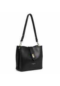 Borsa a tracolla in pelle nera con finitura testurizzata, dotata di una chiusura dorata e tracolla regolabile. Il fronte presenta il logo del marchio.