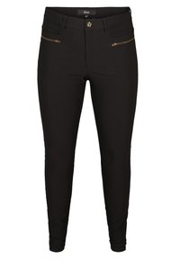 Schwarze Hosen aus weichem Material mit schmaler Passform. Verfügt über goldene Reißverschlüsse an den Vordertaschen und einen Knopfverschluss an der Taille.