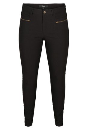 Schwarze Hosen aus weichem Material mit schmaler Passform. Verfügt über goldene Reißverschlüsse an den Vordertaschen und einen Knopfverschluss an der Taille.