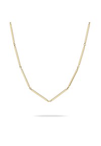 Gouden ketting met langwerpige rechthoekige schakels afgewisseld met kleine ronde accenten, wat een delicate geometrische patroon creëert.