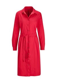 Rotes Hemdkleid aus glattem Stoff, mit langen Ärmeln, einem Kragen und einem gebundenen Gürtel in der Taille für eine verstellbare Passform.