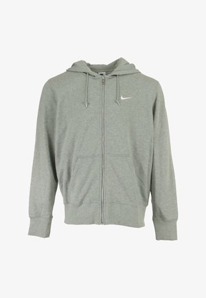 Felpa con cappuccio grigia con cerniera, realizzata in tessuto morbido. Presenta una cerniera frontale, due tasche laterali, cappuccio con coulisse e un piccolo logo bianco sul petto.