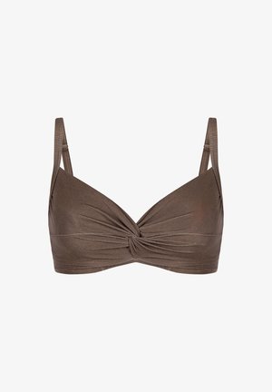 Brązowy prążkowany top bikini z skręconym węzłem z przodu i regulowanymi ramiączkami.