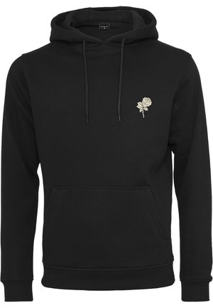 Sort hættetrøje med en frontlomme, snøre i hætten og en lille hvid rose broderet på venstre bryst. Fremstillet af blødt bomuldsmateriale.